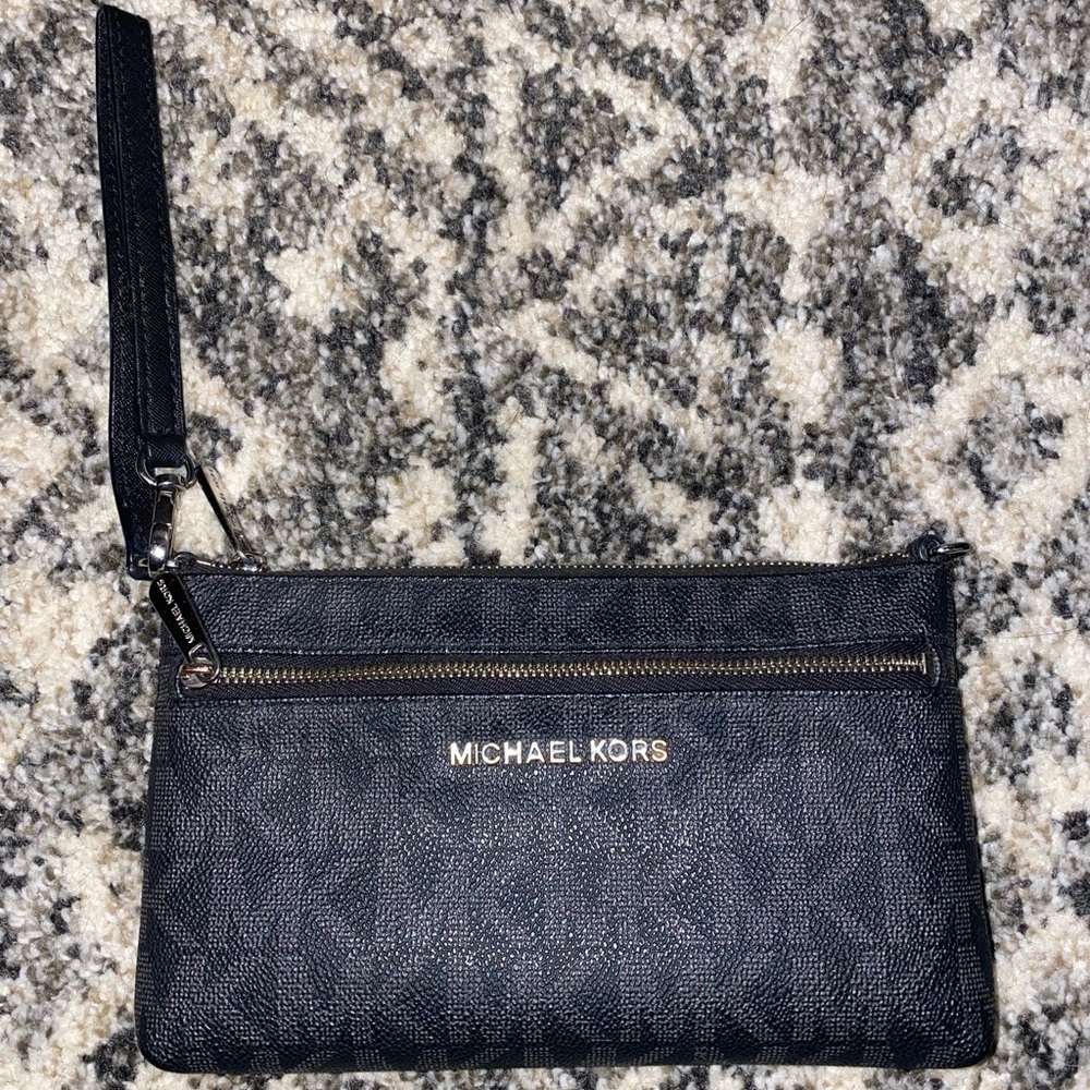 Black Michael Kors MK Logo Wristlet Wallet Purse Bag Silver Hardware